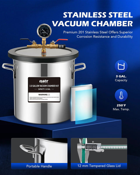Vacuum chamber kit, Orion Motor Tech 3 Gal stainless steel with tempered glass lid and 5 ft hose