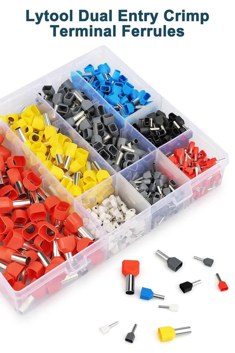 All Purpose Wire Ferrule Kit For 8 To 22 AWG 750 Piece Dual Bootlace Ferrules Set with assorted ferrules in a transparent box