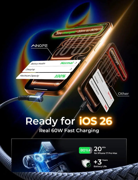 Right Angle USB C to USB C Cable 60W 6.6ft Fast Charging 2 Pack attached to smartphone with charging progress display