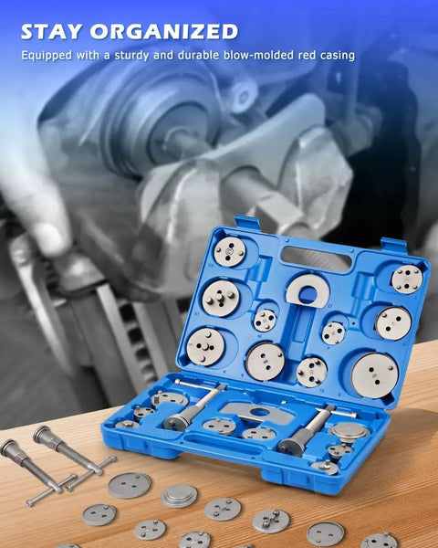 DAYUAN Disc Brake Caliper Piston Rewind Tool Kit in blue case with metal dies and rods, front view