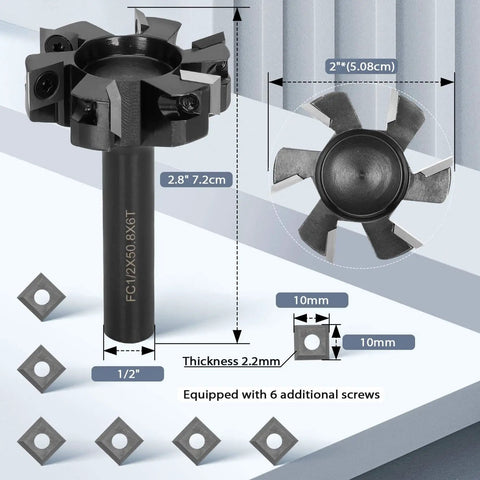 Beefy Slab Flattening Router Bit For CNC Surfacing Half Inch Shank Two Inch Cutting Diameter Six Wing Planing Bit With Carbide Inserts High RPM Up To Twenty Thousand Includes Six Screws Upgrade displayed with dimensions and carbide inserts.