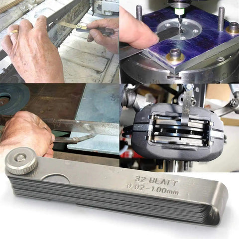 Stainless Steel Feeler Gauge Kit With 32 Precision Blades, Universal SAE And Metric Offset Valve Thickness Gauge for precise measurements.