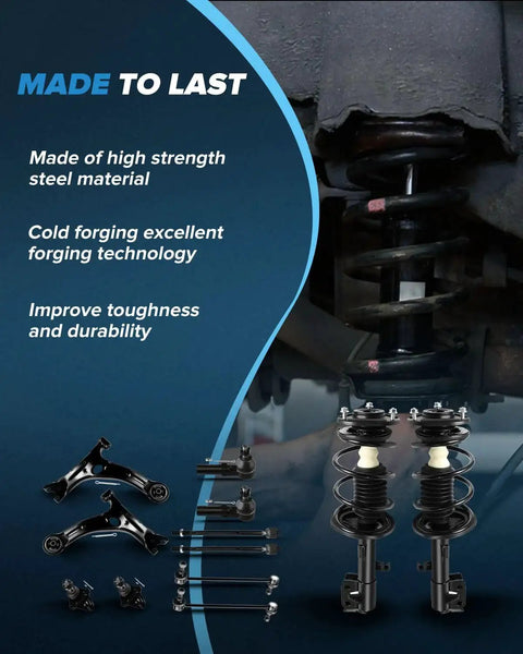 Front view of 12-piece suspension kit for Toyota Corolla/Matrix; front struts with springs, ball joints, arms, links.
