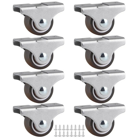 Eight Pack 1 Inch Rigid Casters Low Profile Top Plate Fixed Caster Wheels For Trundle Beds Cabinets And Drawers Silent TPE Wheel Chrome Plated Steel Construction 212 Lb Total Load Capacity