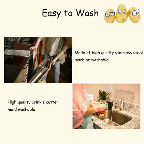 Person using dishwasher, showcasing Crinkle Cutter For Veggies And Potatoes Stainless Steel Waffle Fry Cutter With Durable One Piece Handle Rust Resistant Kitchen Knife Ideal For Making French Fries And Veggie Chips At Home ULIFEBETTER, labeled as machine washable and hand washable options.