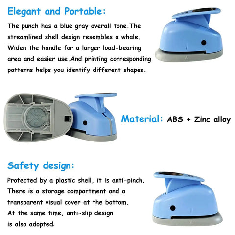Side and bottom view of Two And A Half Inch Circle Hole Punch Cutter with ergonomic lever for scrapbooking, made of ABS and Zinc alloy.