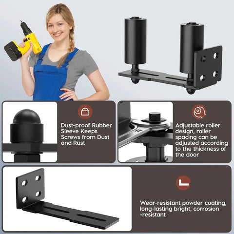 Heavy Duty Slide Gate Roller Guide With L Rear Post Steel Bracket Sliding Gate Hardware Kit Support Assembly For Sliding And Rolling Gates Garage Wood And Fence Doors Black Finish 4 Inch, showing dust-proof design and adjustable rollers