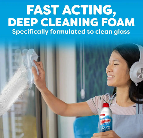 Woman cleaning glass with Fast Shine Foam Glass Cleaner No Drip Aerosol Spray 19 Oz Pack Of 2, showing foam action and clear finish.