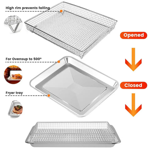 Beefy Built Tough Mesh Steel Air Fryer Basket Tray For TOA 60 TOA 65 TOA 70 Convection Oven shown with high rim and fryer tray