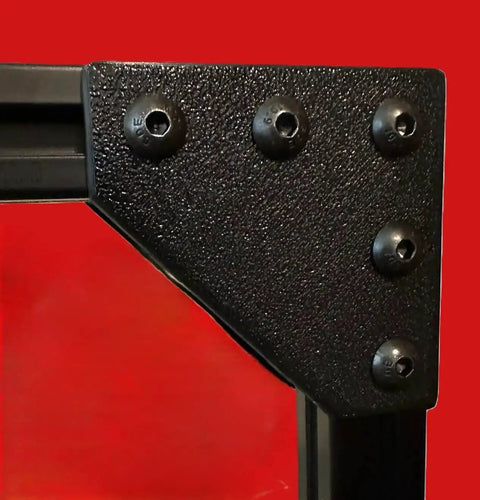 Close-up of black corner bracket with 5 M5 screws on 20mm x 20mm aluminum extrusion, part of 12 Piece Corner Bracket Set For 2020 Series