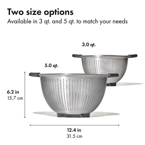 Non Slip Grip 5 Qt Stainless Steel Colander with Comfortable Handles for Pasta and Veggies alongside 3 Qt option front view