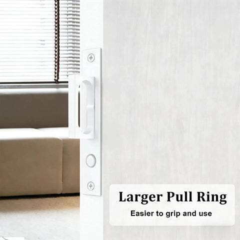 304 Stainless Steel Pocket Door Handles And Edge Pull Kit with larger pull ring, snow white finish on sliding door in living room.
