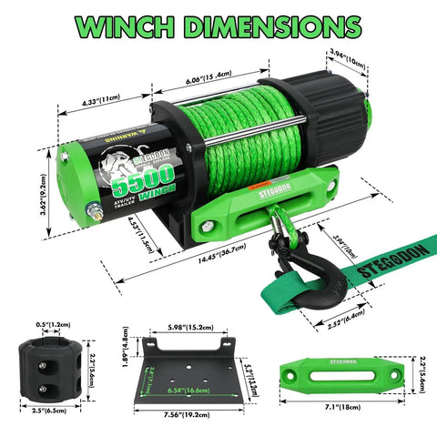 Stegodon 5500 12V electric winch with green synthetic rope, mounting plate, wireless remote, front view