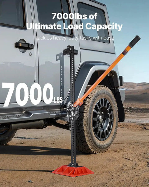 Ratcheting Off Road Farm Jack 7000 Lb Capacity 5.12 To 42.5 In Lift Range lifting a vehicle in desert terrain