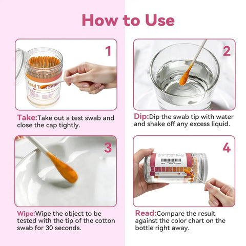 Instructional guide for using Lead Test Kit For Dishes And Surfaces With 60 Swabs Rapid 30 Second Lead Paint Testing Accurate Results On Paint Ceramic Wood Metal Jewelry Toys And More Home Use Value Pack For Safe Quick Screening showing step-by-step procedure with images of swabs, water, and color chart.