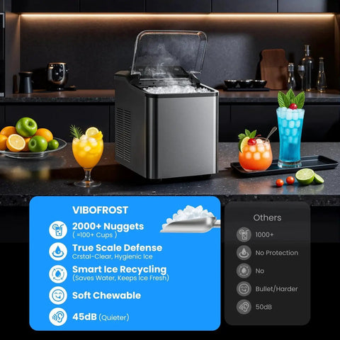Nugget Ice Maker Countertop 35 Lbs 24H Sonic Chewable Pellets Quiet Stainless on kitchen counter with drinks and fruit.