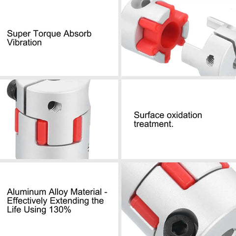 Close-up of aluminum plum shaft coupling, silver tone and red, showing torque absorption, oxidation treatment, used in 3D printers.