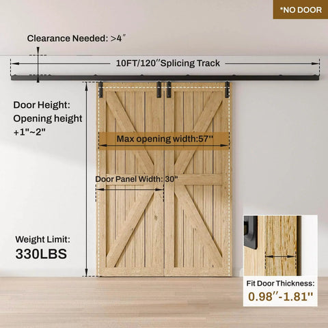 10 Ft Box Rail Sliding Barn Door Hardware Kit Aluminum Alloy Wall Mount For Double Doors Heavy Duty Smooth Quiet Rollers