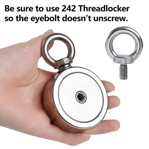 Heavy Duty Magnet Fishing Kit 760 Lbs With Grappling Hook 65ft Rope And Gloves, showing 760 lb magnet with eyebolt in hand