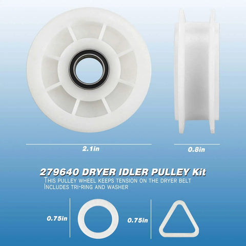 279640 dryer idler pulley in repair kit with tri-ring and washer, 2.1in x 0.8in dimensions, for Whirlpool Cabrio Duet.