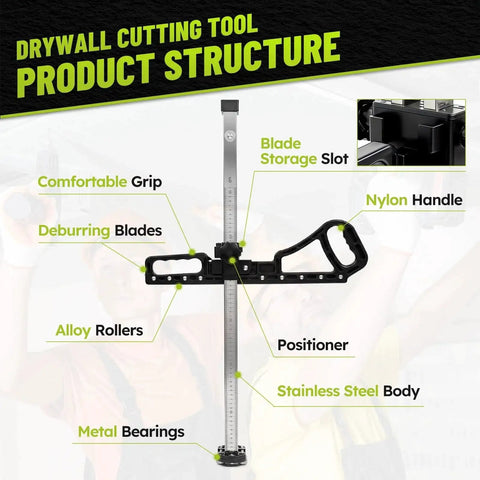 Foldable Drywall Cutter With Short Safety Blades And 10 Blade Storage, Deburring Scraper, adjustable cut height shown