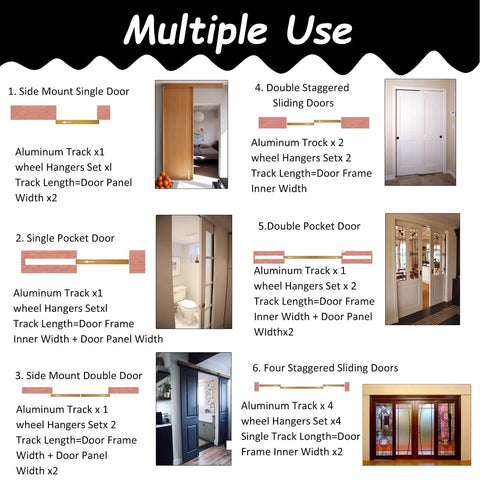 Heavy Duty Sliding Barn Door Hardware Kit In Black Rail For Double Doors Bypass Track System With Soft Close Wall And Ceiling Mount 28 Feet Long Fits 30 To 50mm Thick Doors 2mm Aluminum Tracks diagram showing multiple installation uses.