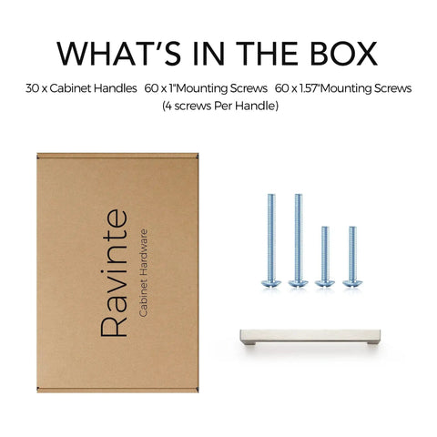 Product box of 30 Pack Brushed Nickel Square Cabinet Handles For Cabinets And Drawers Stainless Steel Cupboard Pulls with screws