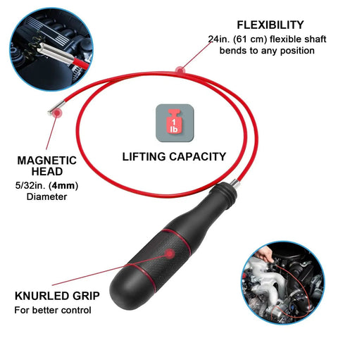 Flexible Magnetic Pickup Tool Set for Tight Spots 28 Inch Bendable Shaft with 4mm Magnetic Head and Knurled Grip