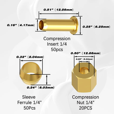 Brass 1/4 in compression fittings kit: 50 sleeves, 50 inserts, 20 nuts; for air, water, fuel, oil lines.