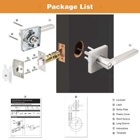 Package list showing parts of Privacy Door Handle Set For Interior Doors Heavy Duty Square Lever In Brushed Nickel Finish.