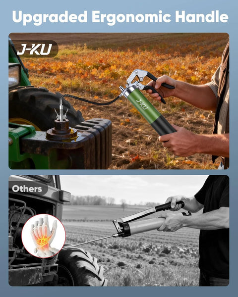 J-KU grease gun, green and black pistol grip with hose, used on a tractor outdoors.

Others grease gun with long barrel, operator greasing tractor; inset hand-joint diagram.