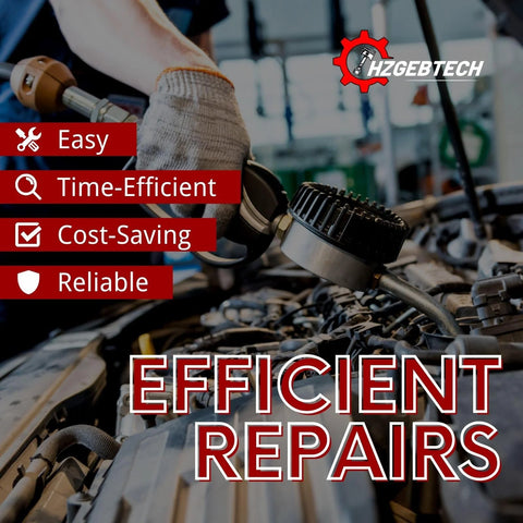 Mechanic performing efficient car repairs with tools and engine parts, highlighting easy, time-efficient, and cost-saving service benefits.