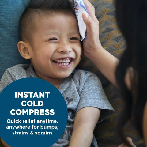 Child using instant cold compress for quick relief, included in Grab And Go 110 Piece First Aid Kit For Home Office Car Travel Outdoor Sports And School