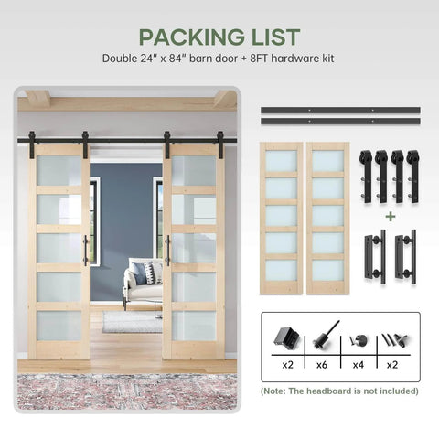 Double 24x84 Inch Glass Sliding Barn Door Slab With 8 Foot Hardware Kit Included 5 Panel Frosted Glass Spruce Wood Support DIY Dyeing Ready Easy Assembly Rustic Modern Interior Door For Hallway Or Bedroom shown with components