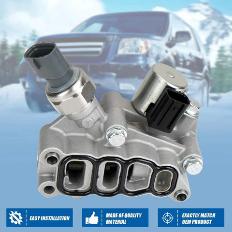 VVT Solenoid With Sensor And Gasket For Honda Pilot Accord Odyssey Replaces 15810-RKB-J01 Engine Variable Valve Timing Control Compatible With 2006 2007 2008 Models Easy Install And Durable Performance shown in silver metal against car background