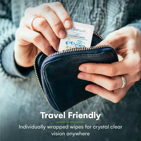 Person holding Individually Wrapped Lens Wipes 210 Count Glasses Sunglasses And Camera Lenses pack in purse