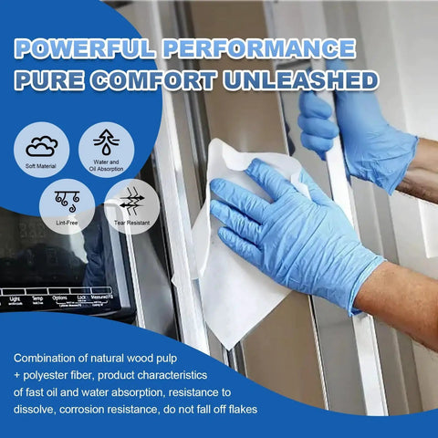 Gloved hand using Cleanroom Wipes 6 By 6 300 Pcs Lint Free Grade A 68 GSM 55 45 Blend to clean a surface, focus on wipe's texture.