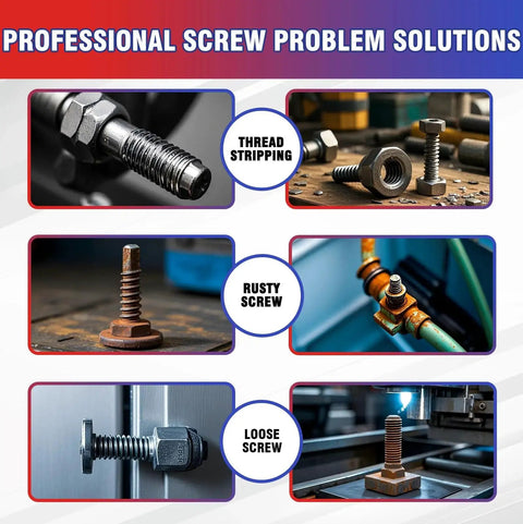 Image showing solutions for thread stripping, rusty screw, and loose screw with Two Pack Thread Locker Set Blue Medium Strength And Red High Strength Threadlock For Nuts Bolts Fasteners And Metals To Prevent Loosening And Leakage In Automotive Repairs And Home Projects.