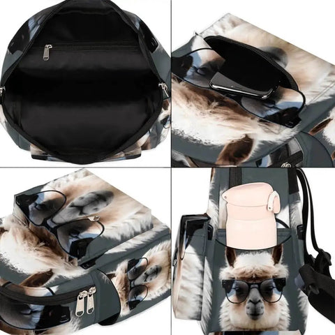 Collage showing Women Mini Backpack Purse With Alpaca Print, featuring close-up of pockets, zippers, interior, and adjustable straps.