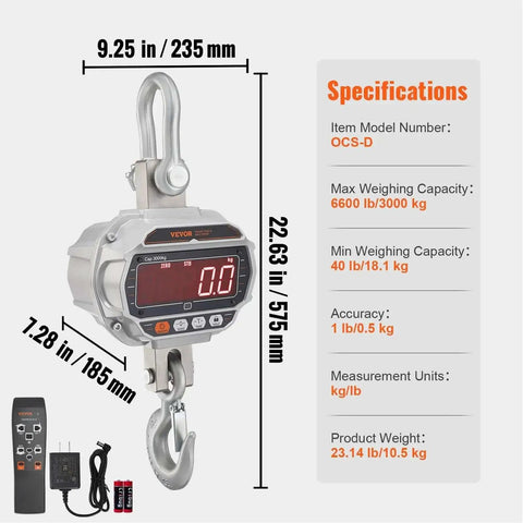 Digital Crane Scale 6600 Lbs 3000 Kg Heavy Duty Hanging Scale With Remote Control LED Display 5 Digit Readout 4 cm Tall Digits
