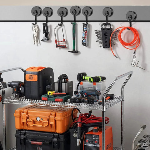 Eight Pack Swivel Magnetic Hooks Set, Heavy Duty 120LBS Capacity, hanging tools in garage, showcasing Neodymium Magnetic Hooks.