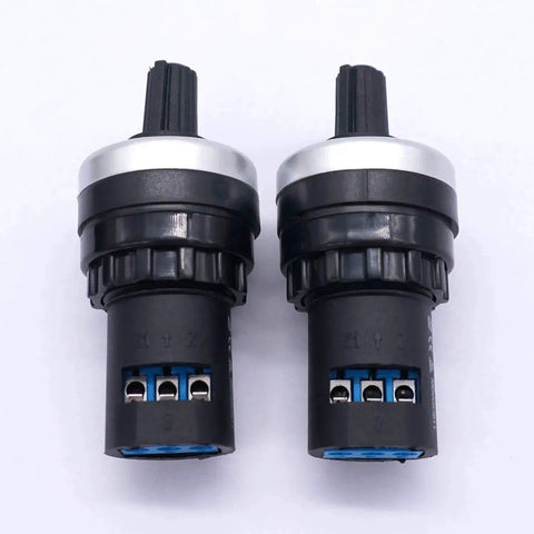 Two 22mm Rotary Potentiometer LA42DWQ-22 10K Ohm B10K for Inverter and Variable Speed Drive Controllers, 3-terminal, front view.