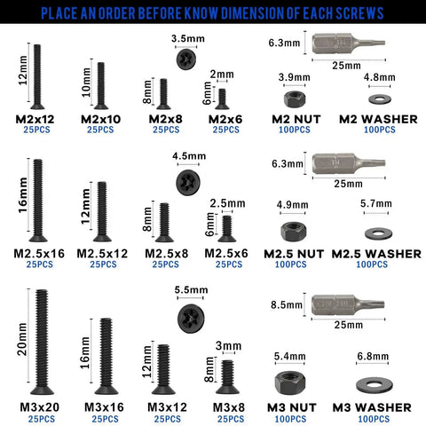 Diagram of Beefy Torx Countersunk Screws Set with M2 M2.5 M3 Bolts Nuts Washers showing dimensions and included wrenches.