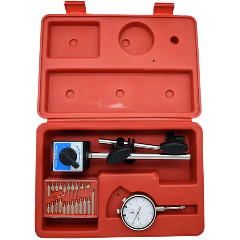 Dial Indicator With Magnetic Base 0 To 1 Inch Range One Thousandth Inch Precision Long Arm With Fine Adjustment Pro Grade Inspection Gauge, in red case.