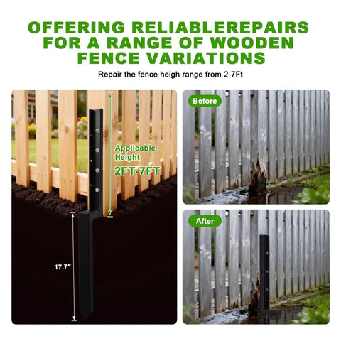 Illustration of Heavy Duty Fence Post Repair Kit 2 Inch Width Ground Spike Anchor for Wooden Posts with before and after repair images