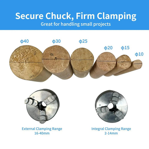 Six wooden dowels with different diameters and two metal chucks for external and integral clamping range