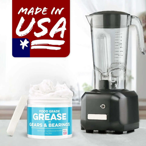 High Viscosity Food Grade Grease For Stand Mixers And Kitchen Appliances, jar beside black blender, Made in USA label