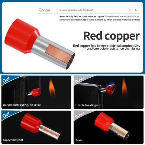 Five Size Copper Wire Ferrule Kit With Insulated Pin Terminals For AWG 10 8 6 4 2, showing a durable red copper component