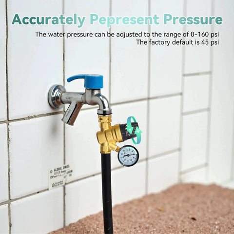 Adjustable RV Water Pressure Regulator Valve With Gauge And Inlet Screen Filter For Campers And Travel Trailers No Tools Needed Brass Lead Free By LANDNOR installed on outdoor faucet.