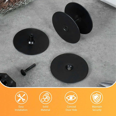 Black Door Hole Cover Plate, Heavy Duty Steel, 2 5/8 In Diameter, parts laid out, privacy shield for unused door holes, 2 pack